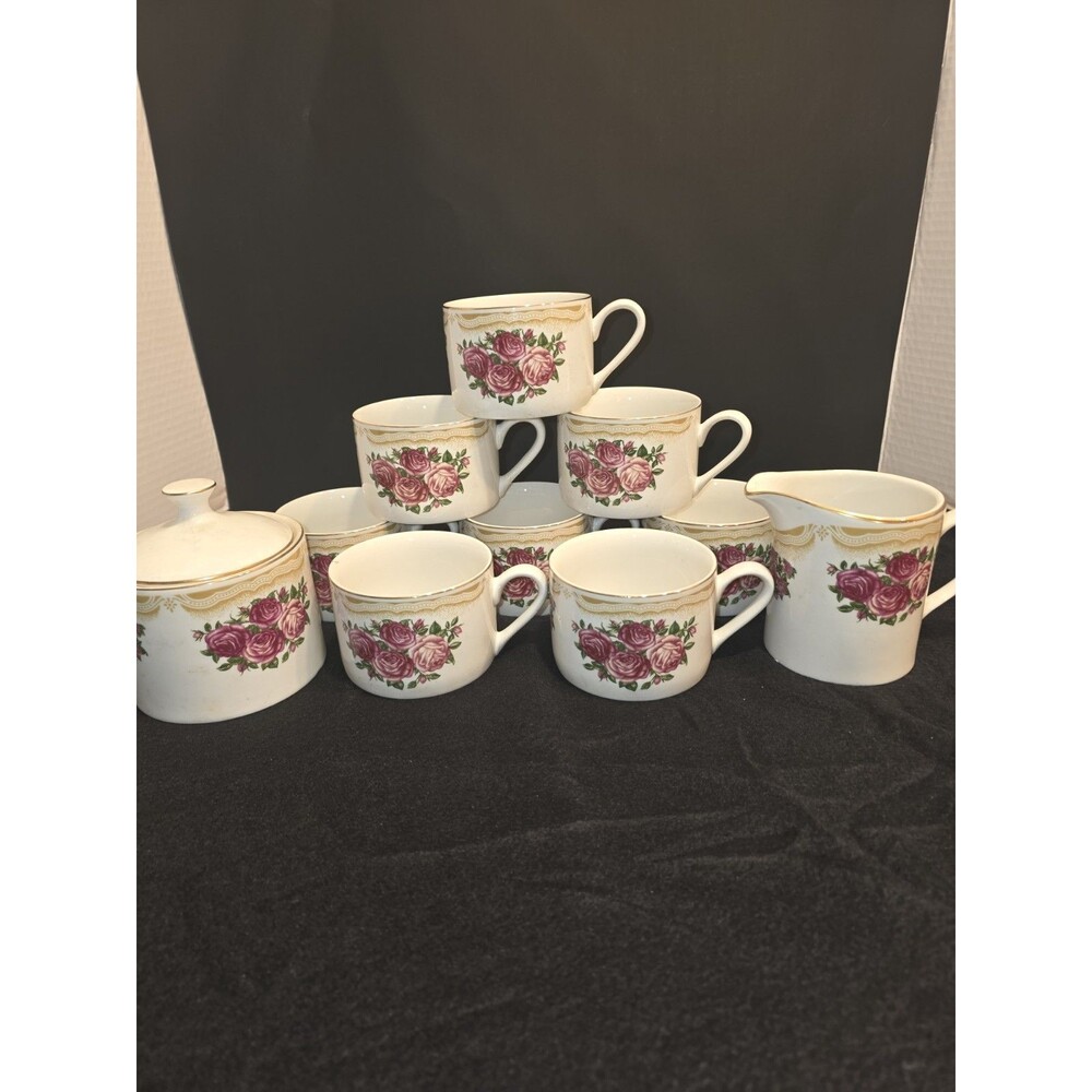 Vintage Farberware Sydney Roses 4092 - 8 Flat Cups + Creamer & Covered Sugar...‎